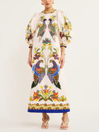 Lantern Sleeve Bird Print Rope Belt Pocket Maxi Dress