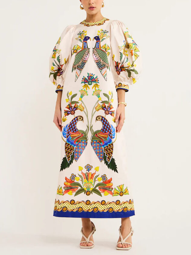 Lantern Sleeve Bird Print Rope Belt Pocket Maxi Dress