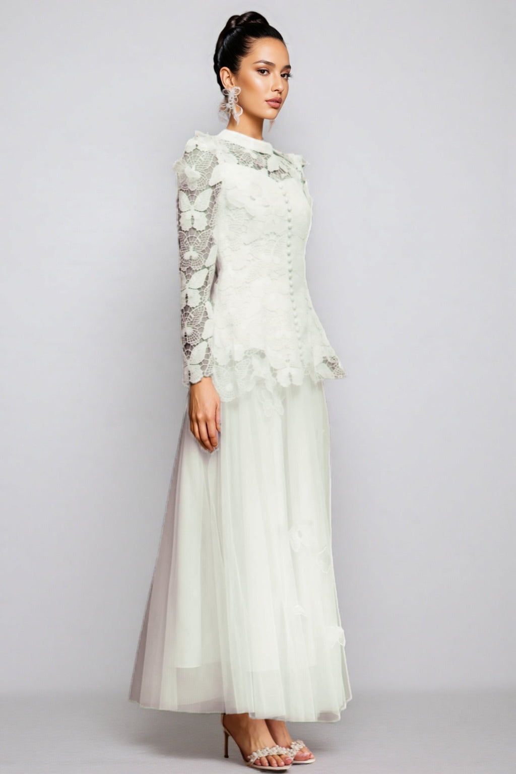 Greetk Folds Lace Butterfly Top Maxi Dress Two-Piece Set