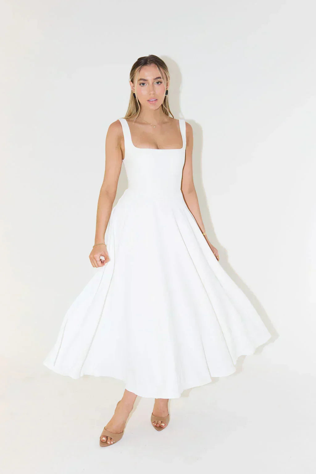Square Neck Tank Strap Full Box Pleated Fit and Flare Midi Dress