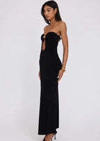 Strapless Metal Hardware Front Cut Out Bodycon Maxi Dress