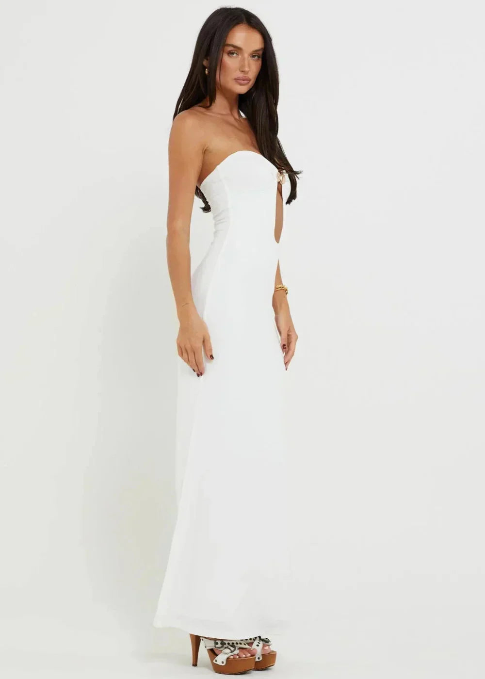 Strapless Metal Hardware Front Cut Out Bodycon Maxi Dress
