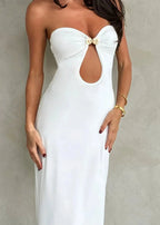 Strapless Metal Hardware Front Cut Out Bodycon Maxi Dress