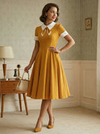 Vintage 1950s Swing Cocktail Dress for Women - V Neck Short Sleeve A-Line Ruched Bust Rockabilly Midi Gown - Wedding Guest 2026