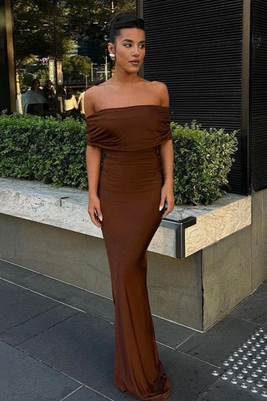 Off Shoulder Ruched Draped Bodycon Maxi Formal Dress