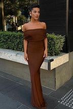 Off Shoulder Ruched Draped Bodycon Maxi Formal Dress