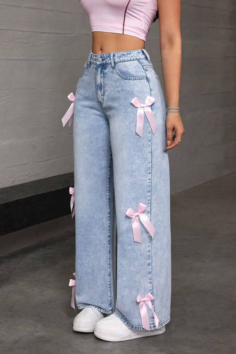 Y2K Bow Applique Washed Relaxed Jeans