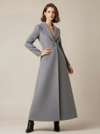 Shawl Collar Full-Length Woolen Coat With A-Line And V-Neck For Women 2026