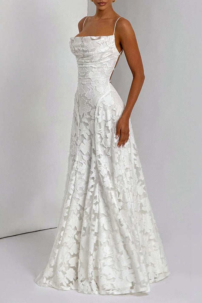 Floral Lace Cross Back Lace Up Open Back A-Line Maxi Gown