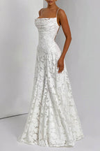 Floral Lace Cross Back Lace Up Open Back A-Line Maxi Gown