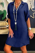Lapel V Neck Roll Up Sleeve Shirt Dress