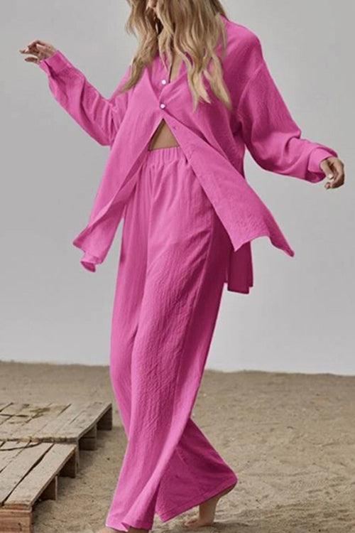 Long Sleeves Side Slit Blouse Shirt Elastic Waist Wide Leg Pants Set