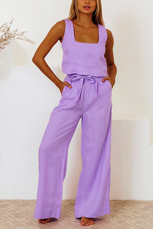 Square Collar Crop Tank Top Tie Waist Wide Leg Pants Cotton Linen Set