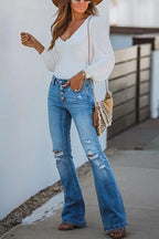 Flare Bottoms Ripped Buttons Jeans