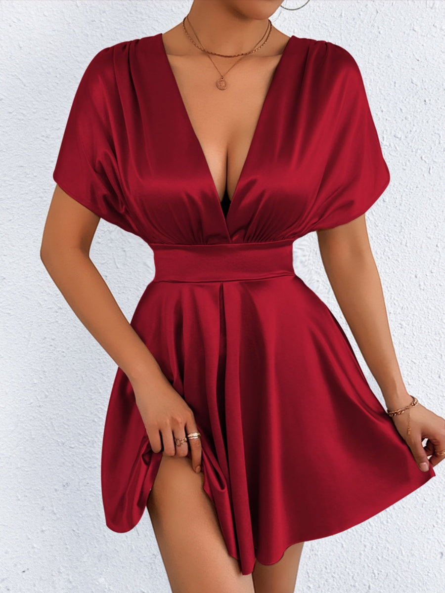 V-neck, Fitted Waist, Zippered, Glossy Short Dress