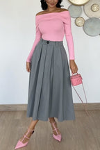 High Rise Pleated A-line Midi Skirt