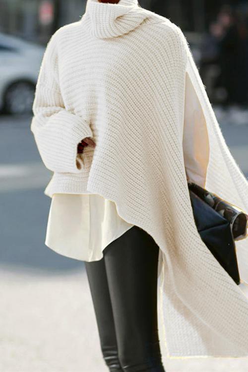 Turtleneck Asymmetric Slit Sleeve Ribbed Knit Sweater