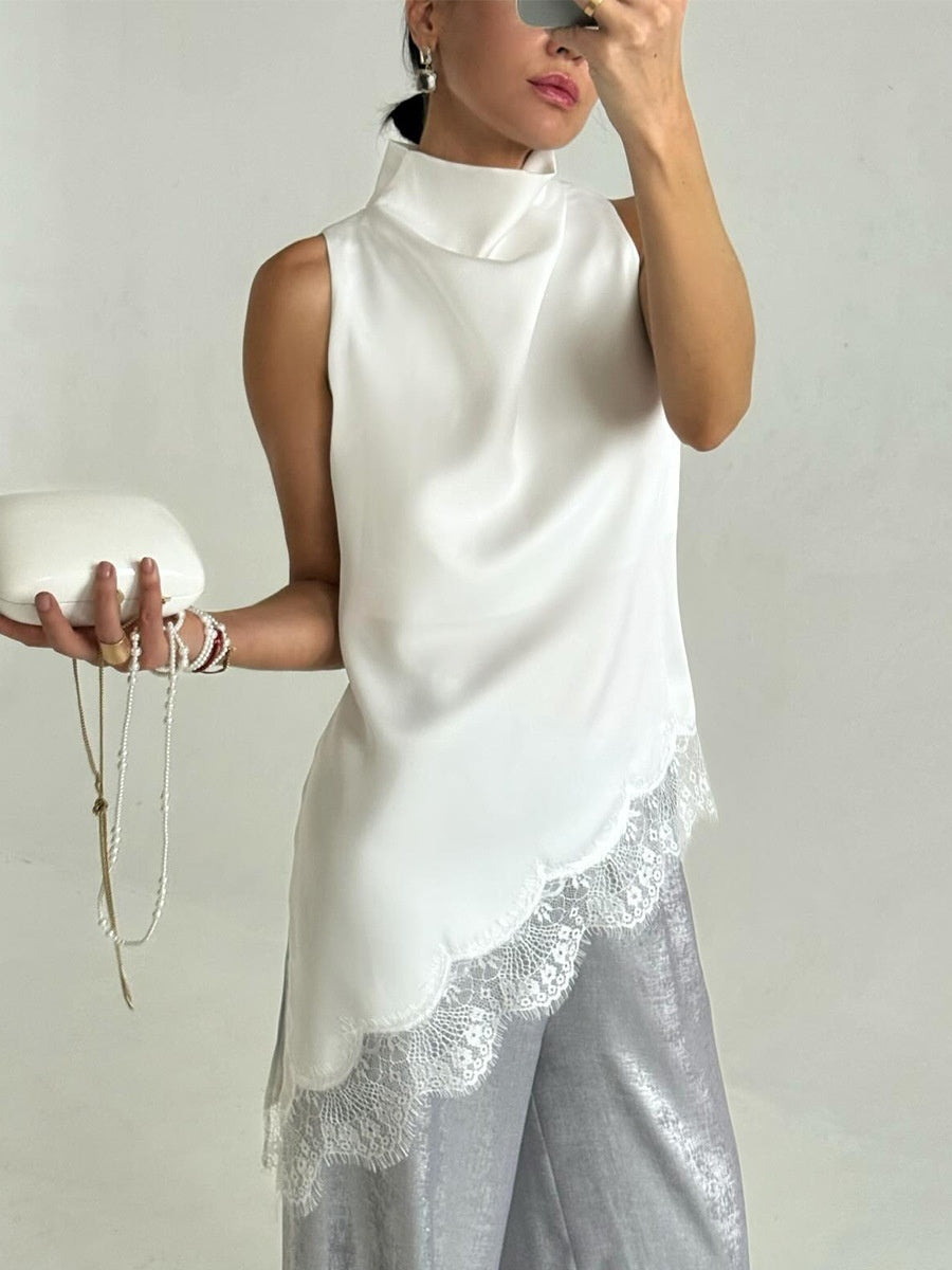 Irregular Satin Sleeveless Lace Splicing Jacket Mini&Short Dresses
