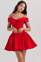Off Shoulder Foldover Collar Spaghetti Strap Pleated Fit and Flare Mini Dress