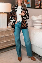 Button Down Drawstring Hem Geometric Pattern Sweater Cardigan