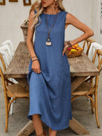 Pullover Crew Neck Sleeveless Pocket Solid Color Midi Dresses