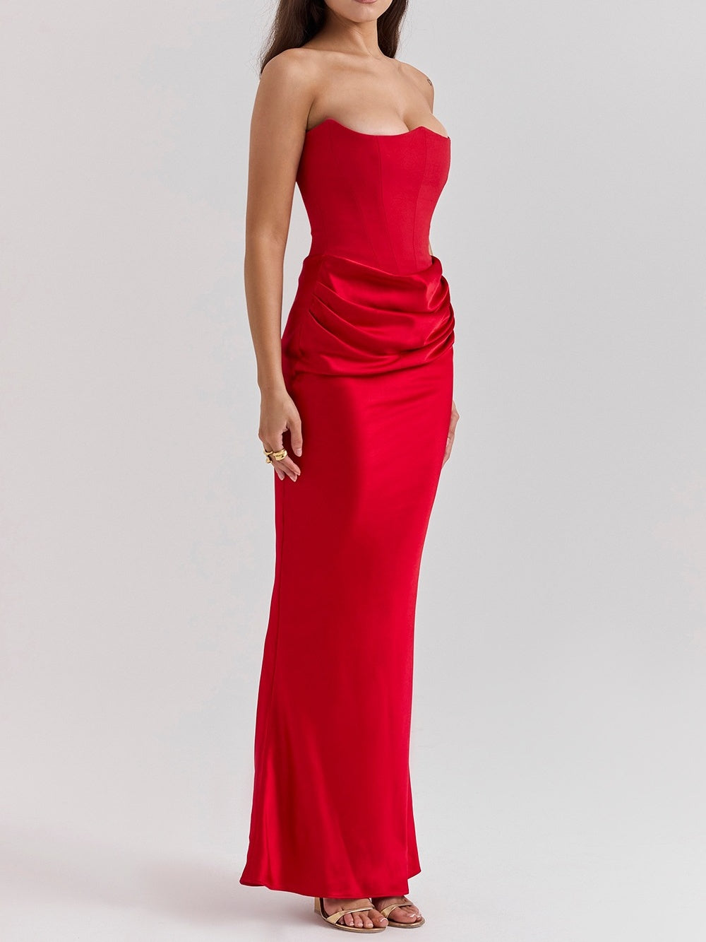Satin Belted Strapless Off-the-shoulder Fishbone Pleated Long Bodycon Dress
