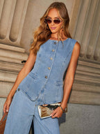 Denim Vest Wide-leg Long Two-piece Set