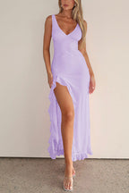 V Neck Sleeveless Ruffle Trim Slit Maxi Dress