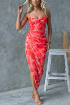 Twist Front Side Slit Mesh Overlay Printed Maxi Cami Dress