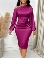 Long Sleeve Sloping Shoulders Pleated Solid Color Satin Maxi Dresses