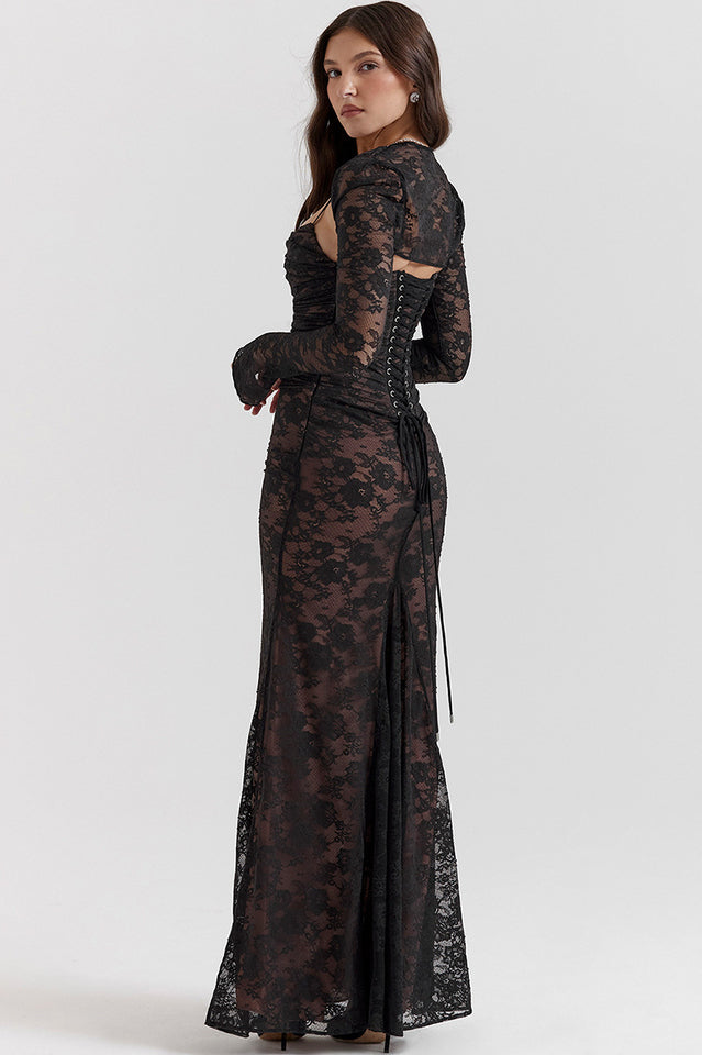 Square Neck Floral Lace Horizontal Ruching Long Sleeve Maxi Gown