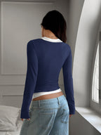 Faux Two-piece U-neck Halter Neck Long-sleeved T-shirt