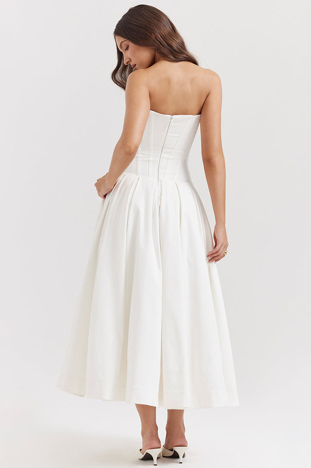 Strapless Plunging V-Neck Corset Bodice Box Pleat A-Line Midi Dress