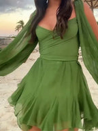 Off-shoulder Square Collar Big Swing Ruffle Leopard Print Mini&Short Dresses