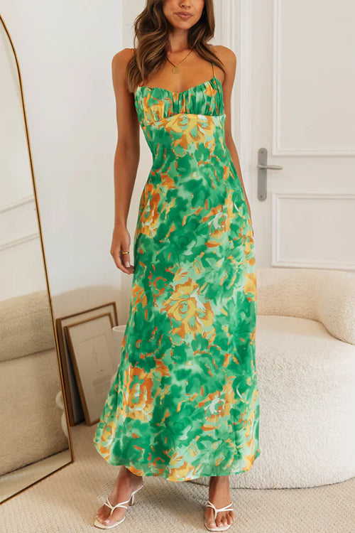 Spaghetti Strap Twist Back Printed Maxi Vacation Dress
