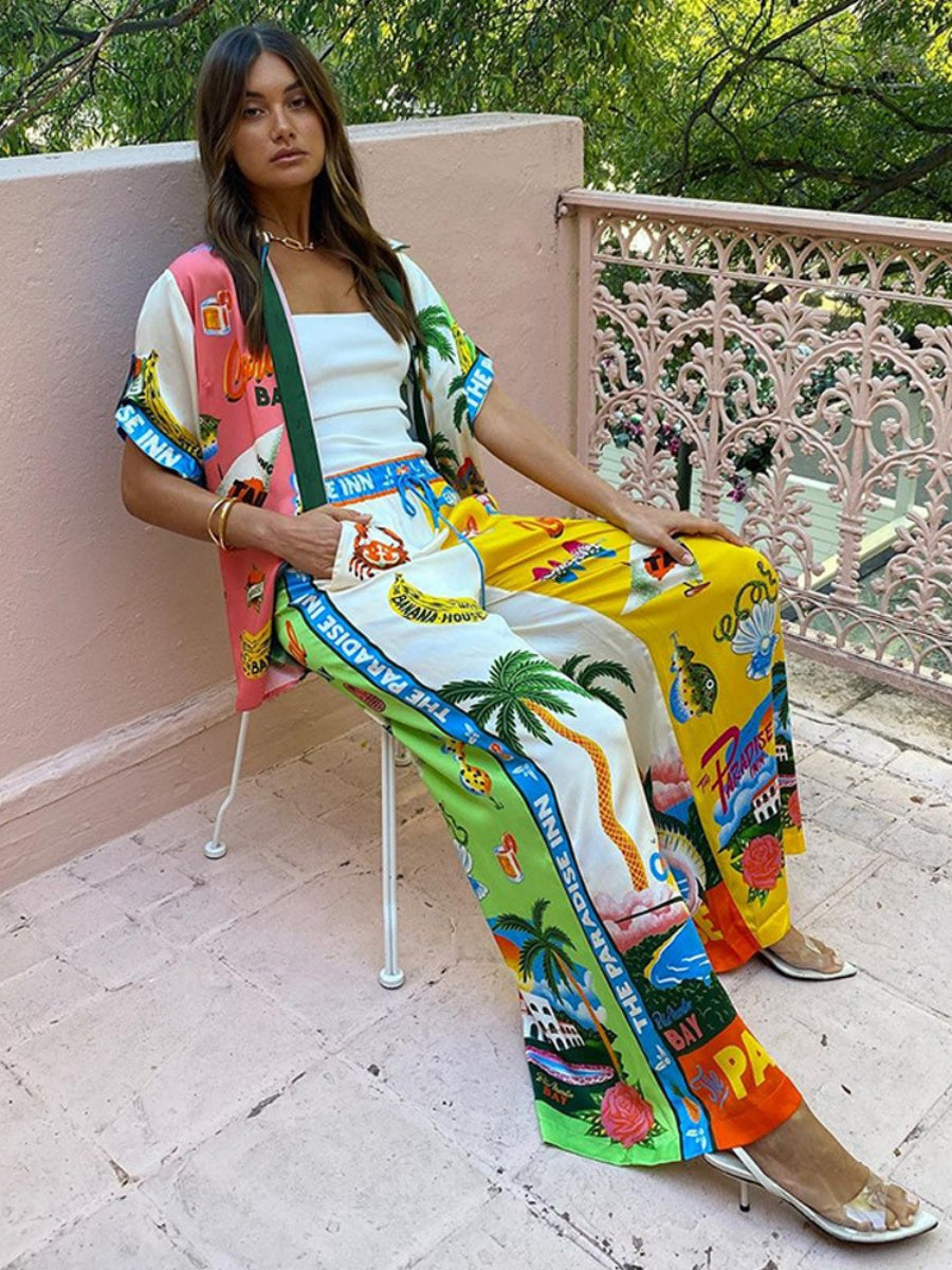 Printed Vacation Long-sleeved Shirt Pants Wide Leg Set 2-piece Sets