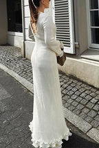 Bell Sleeves Back Lace-up Ruffle Trim Maxi Dress