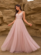 V-neck Embroidery Sequins Elegant Gauze Formal Dress Maxi Dresses