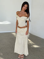 Two-piece Set: Raglan Strapless Top With Polka Dot Side Bow And Long Skirt