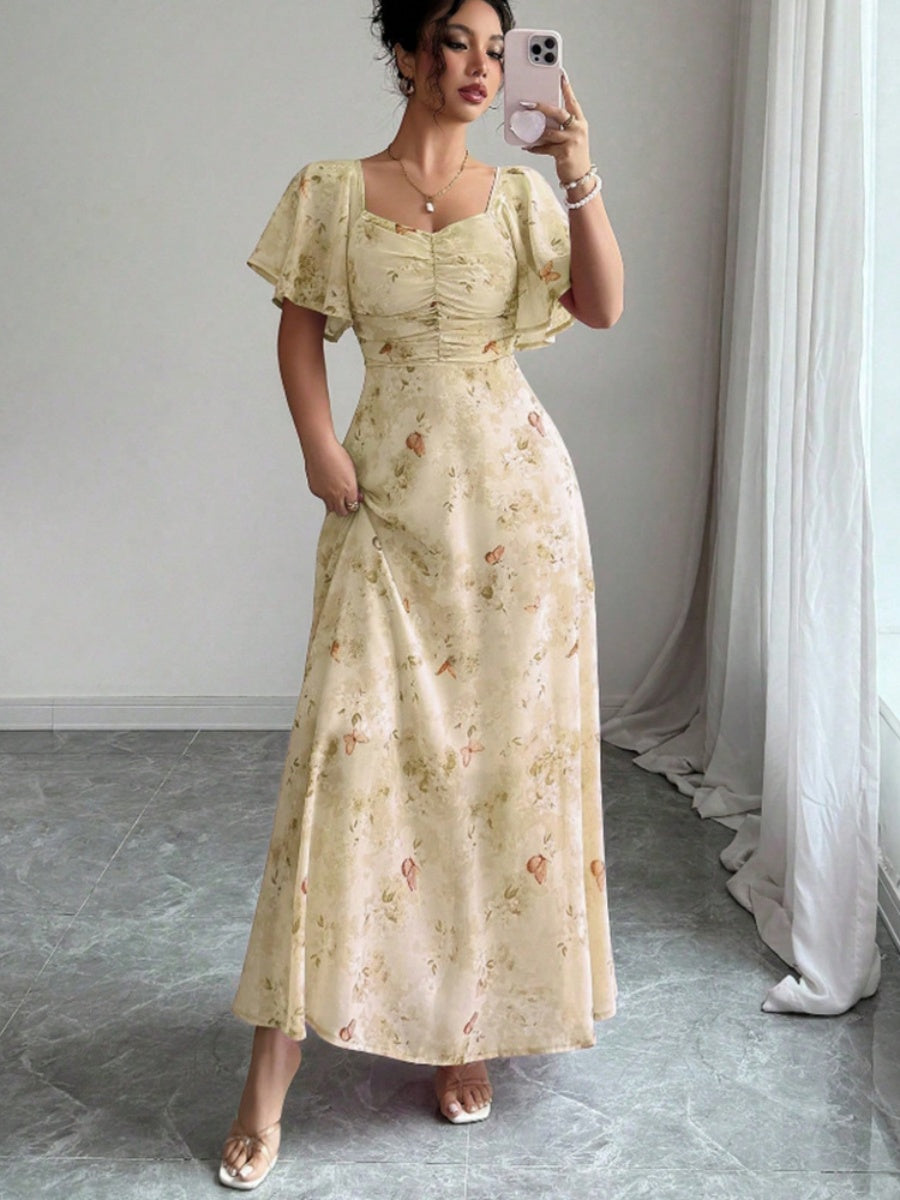 Floral Lotus Leaf Sleeves Sweetheart Collar Vacation And Leisure Maxi Dresses