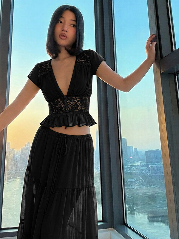 Silk Chiffon Cardigan T-shirt Loose See-through Long Dress With Tie