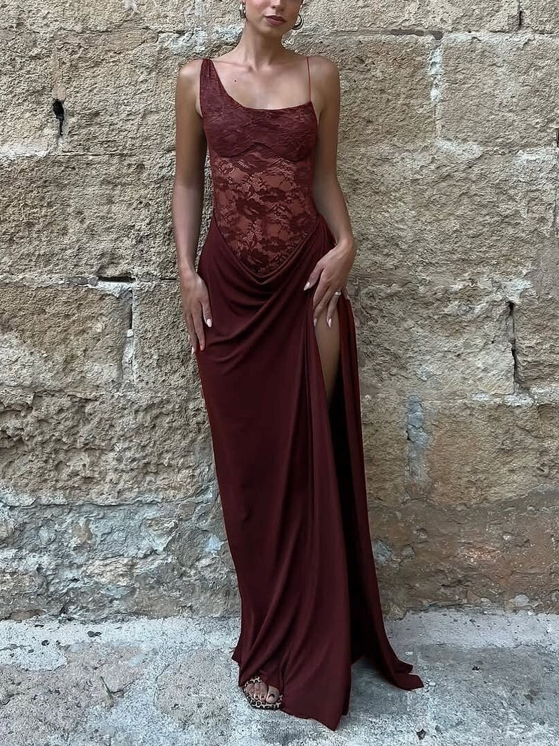 Spaghetti Strap Lace Patchwork Long Dress