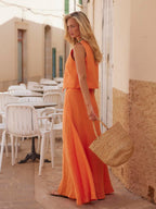 Cotton And Linen Loose Buttons Vests High-waisted Midi Skirt Set 2-piece Sets