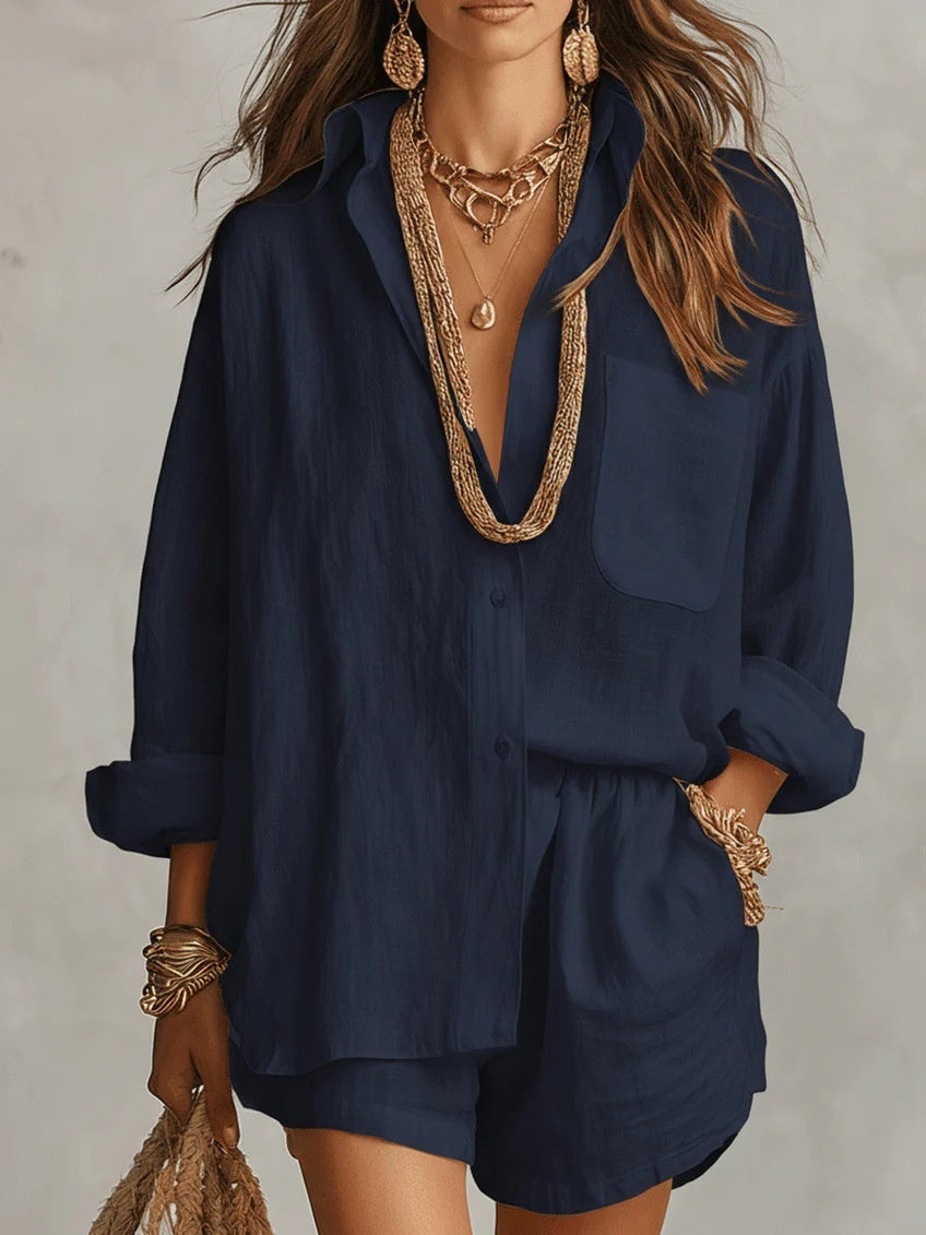 Lazy Style Shirt And Solid Color Shorts Two-piece Set