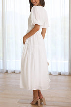 V Neck Lantern Sleeves Waisted Ruffle Maxi Dress