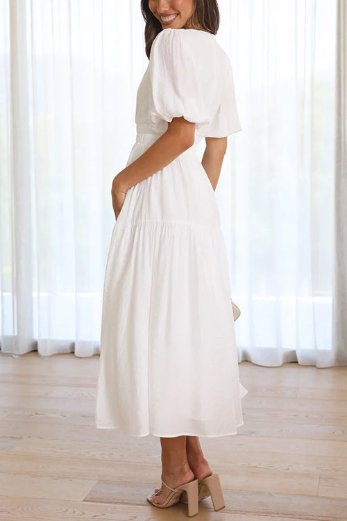 V Neck Lantern Sleeves Waisted Ruffle Maxi Dress
