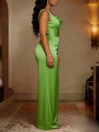 Sleeveless Halter Neckline Fitted Waist Satin Wide-leg Jumpsuit