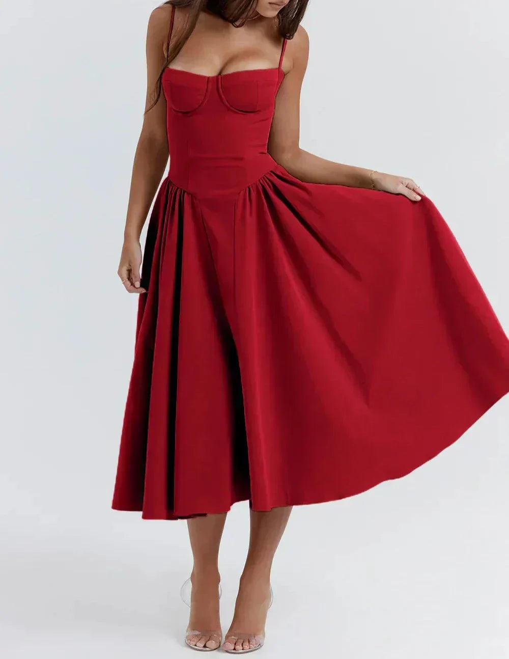 Corset Bodice Basque Waist Pleated A-Line Midi Dress