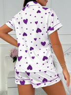 Heart-print Cardigan With Collar And Button-down Short Sleeves And Shorts, Two-piece Loungewear Set