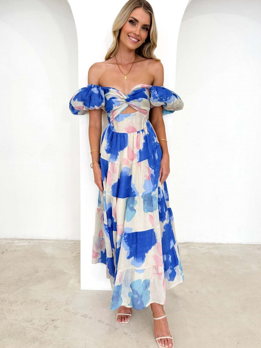 Printed Puff Sleeve Sweetheart Collar Vacation Maxi Dresses